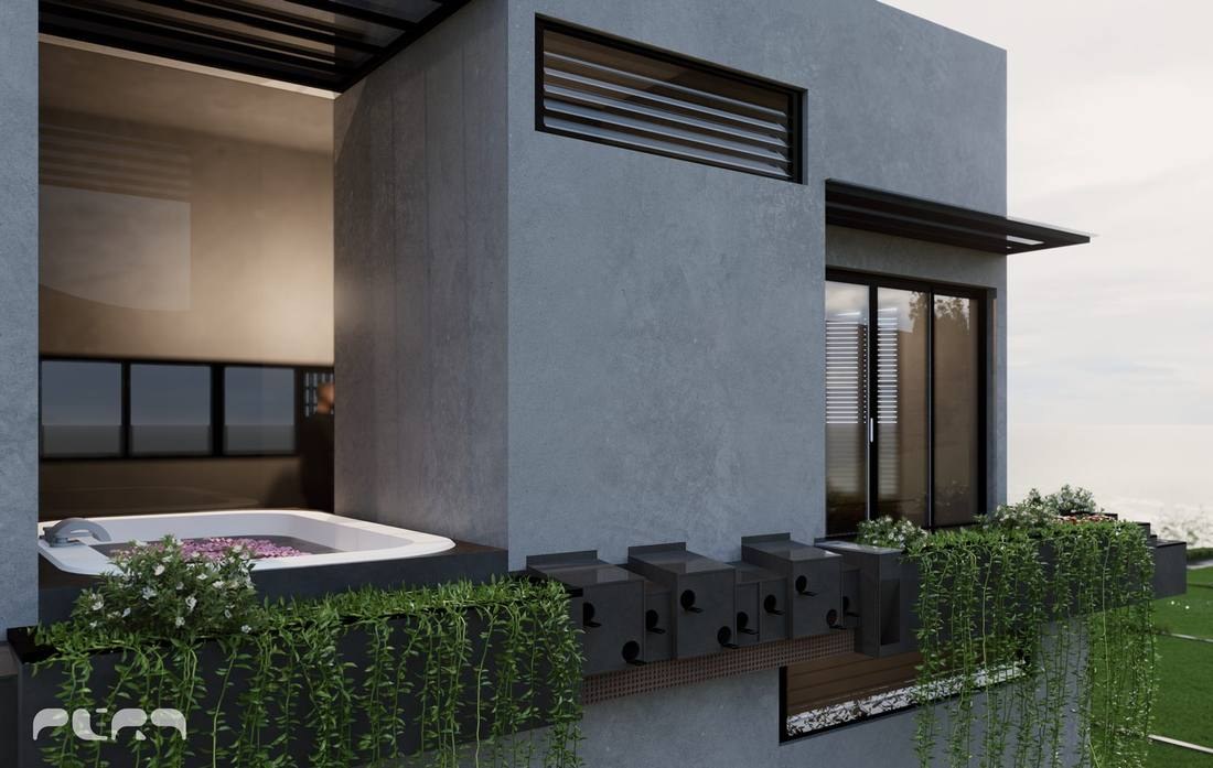 Villa terrace with a covered outdoor hot tub