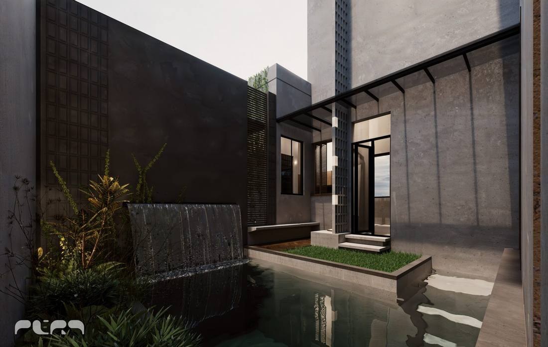 Private courtyard with water and architectural detail